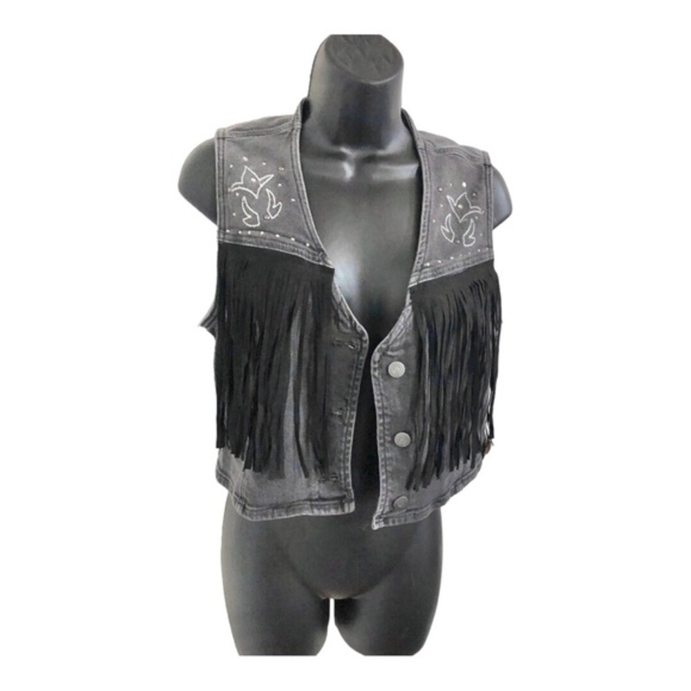 Austin Landing black denim suede fringe studded embellished jean vest size M new